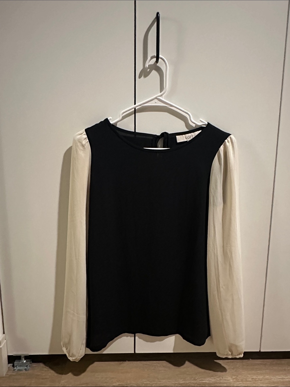 LOFT Black Top with Cream Long Sheer Sleeves